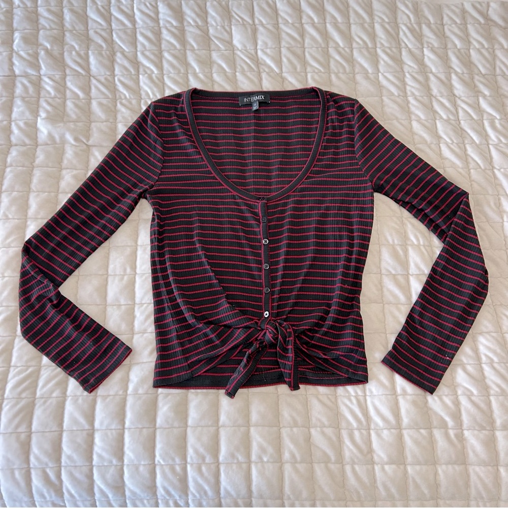Intermix Pink and black striped long sleeve top with tie front detail size M